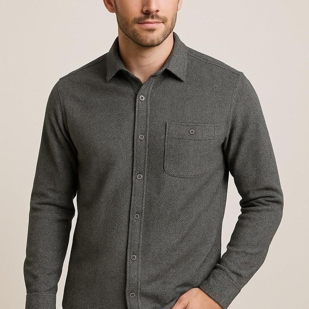 Thomas Sterling Mens Grey Herringbone Long Sleeve Button Down‎ Shirt Small